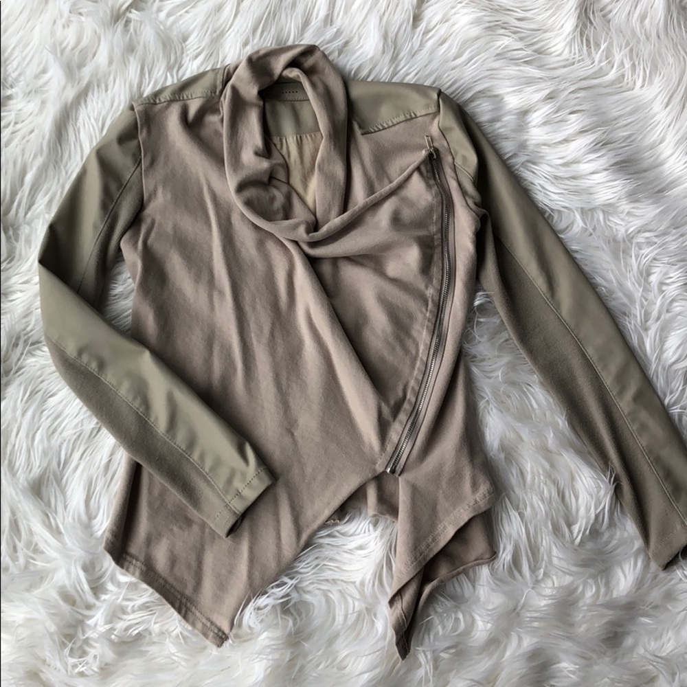 Blank NYC Draped Vegan Leather Jacket in Taupe